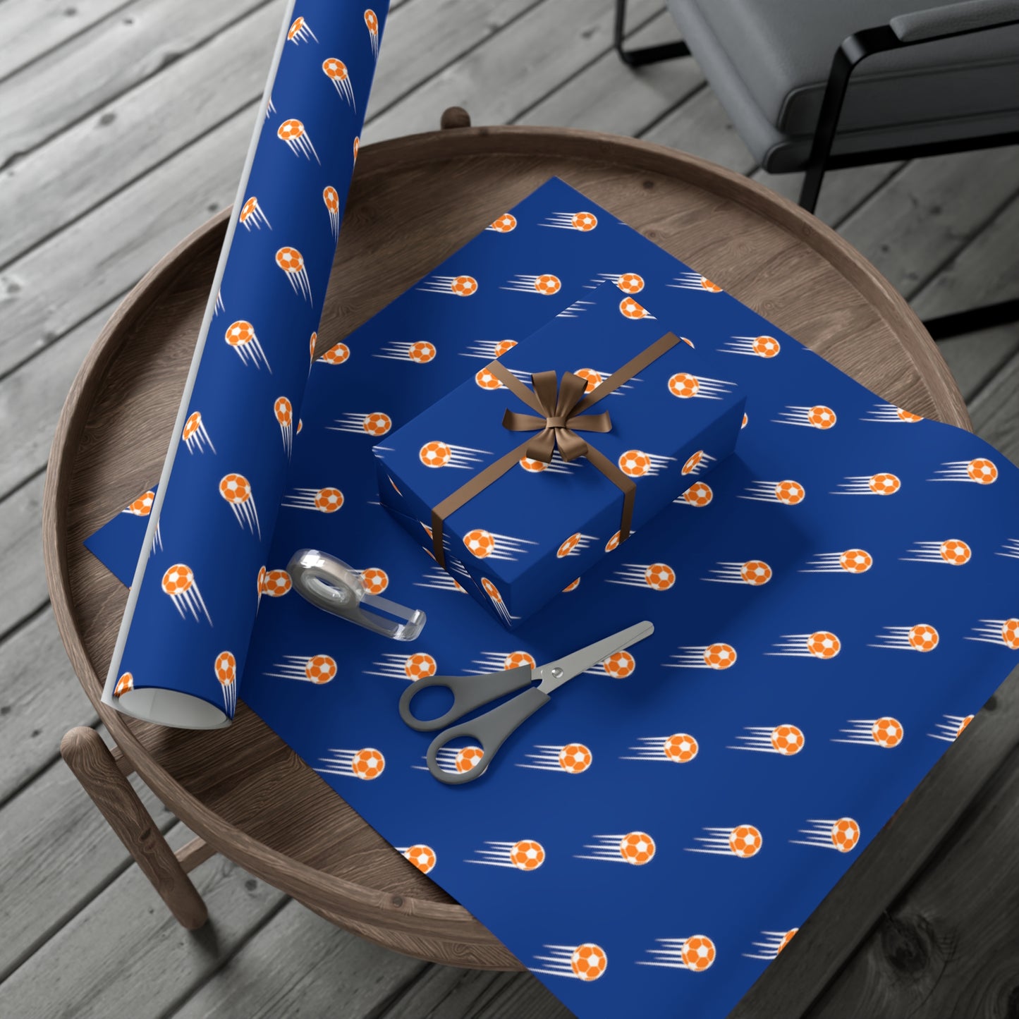 SOCCER Gift Wrap, Blue and Orange