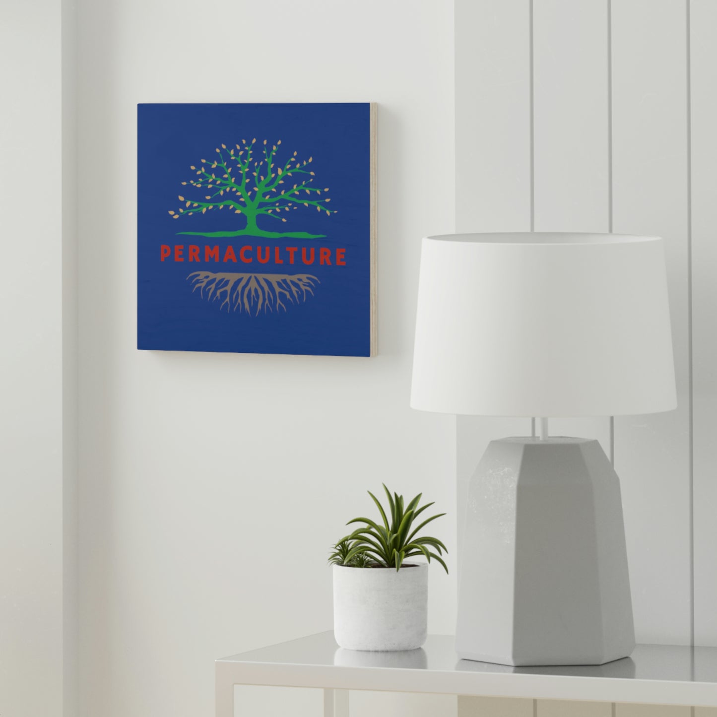 Wood Canvas - Permaculture - Blue + Red Script