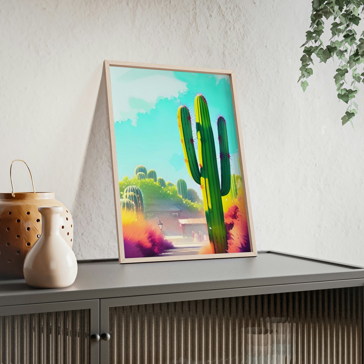 Desert Cactus Poster with Wooden Frame