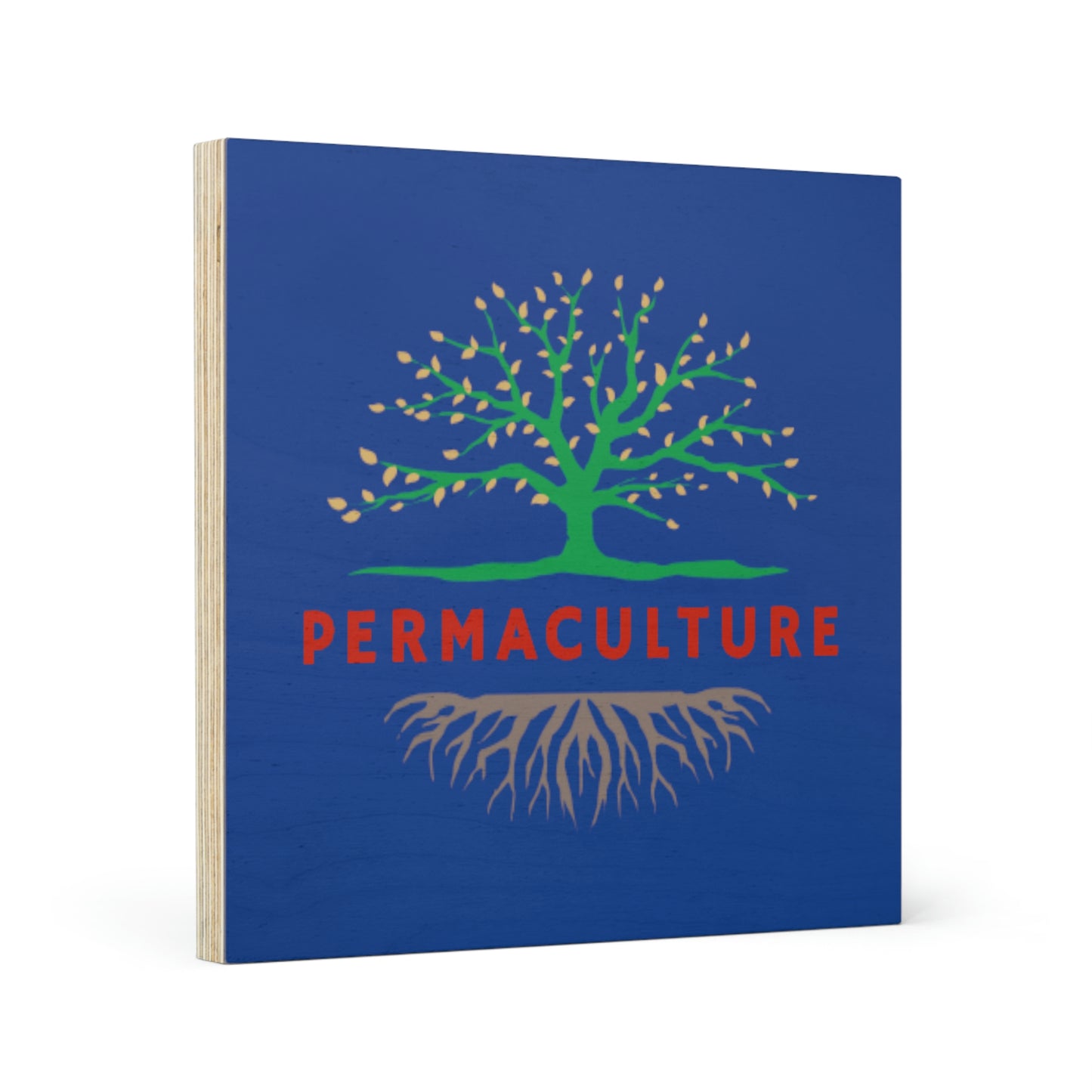 Wood Canvas - Permaculture - Blue + Red Script