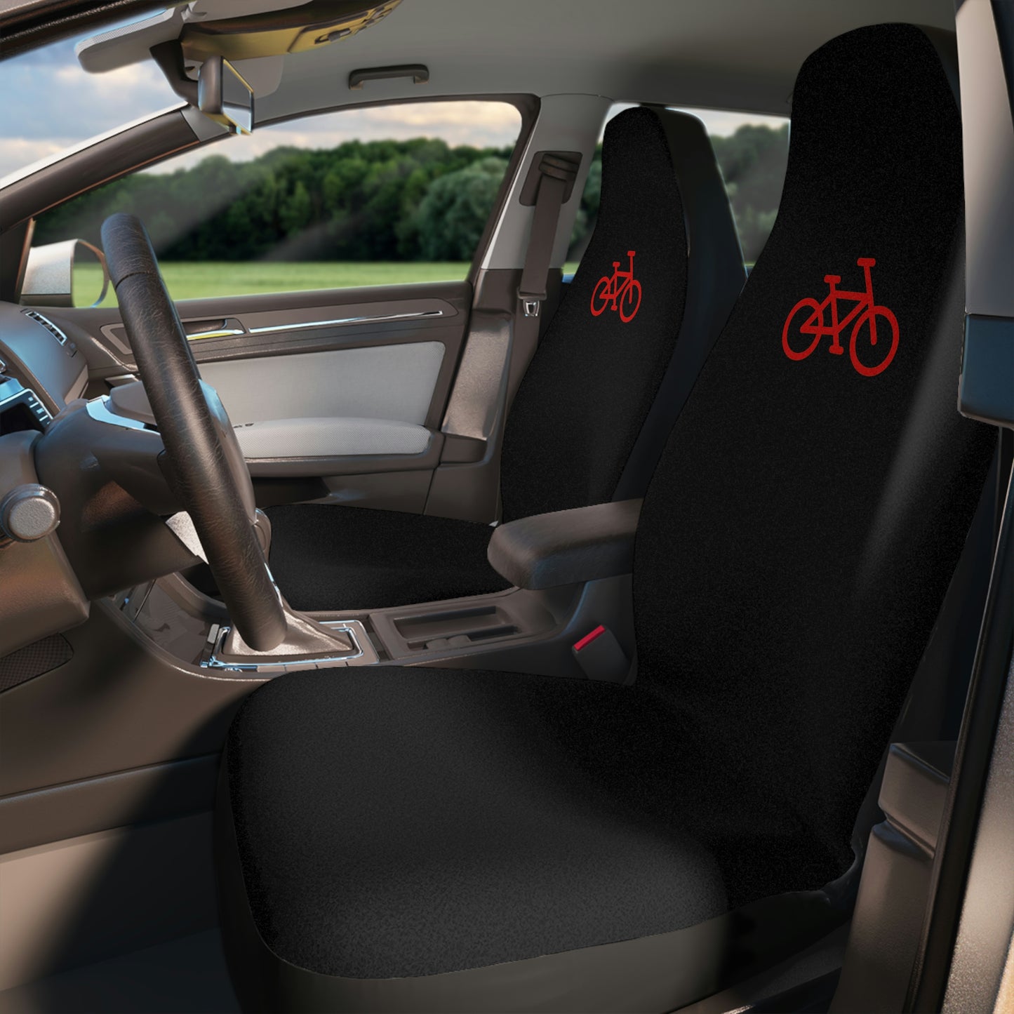 Black Car Seat Covers - Red Bike Print